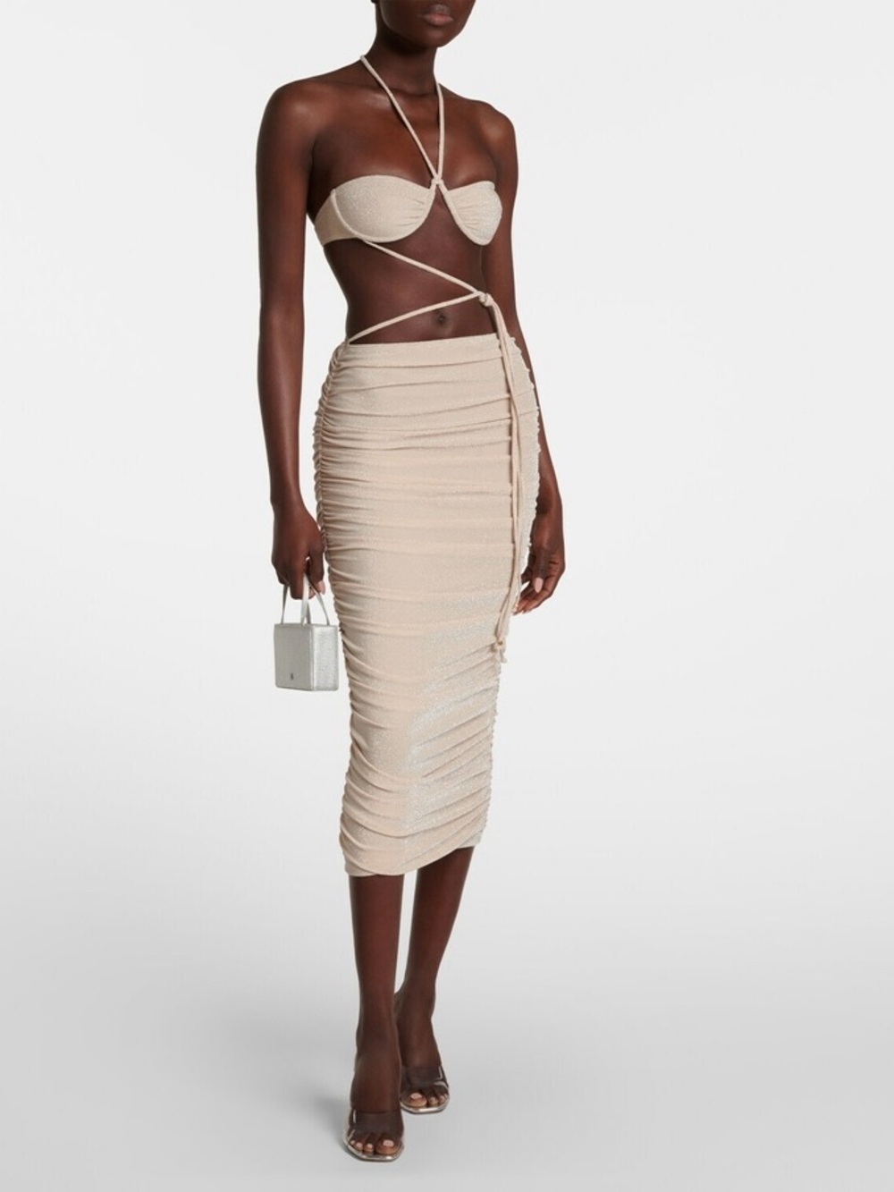 Sculpted Ruched Midi Dress in Glitter Neutral Beige